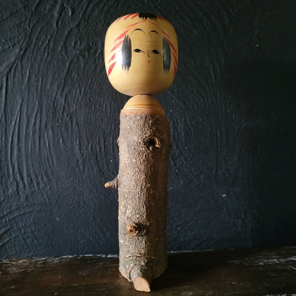 Vtg Handcrafted Japanese Kokeshi Doll Natural Wood Trunk Body Signed by Artist